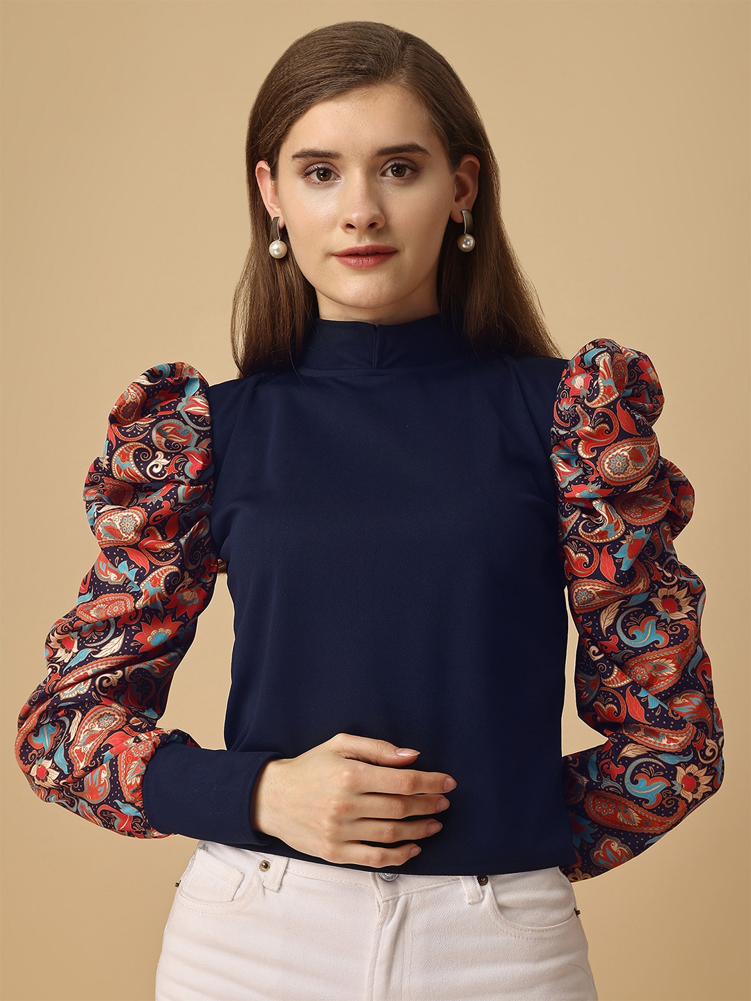

Paralians Ethnic Motifs Printed High Neck Puff Sleeves Top, Blue