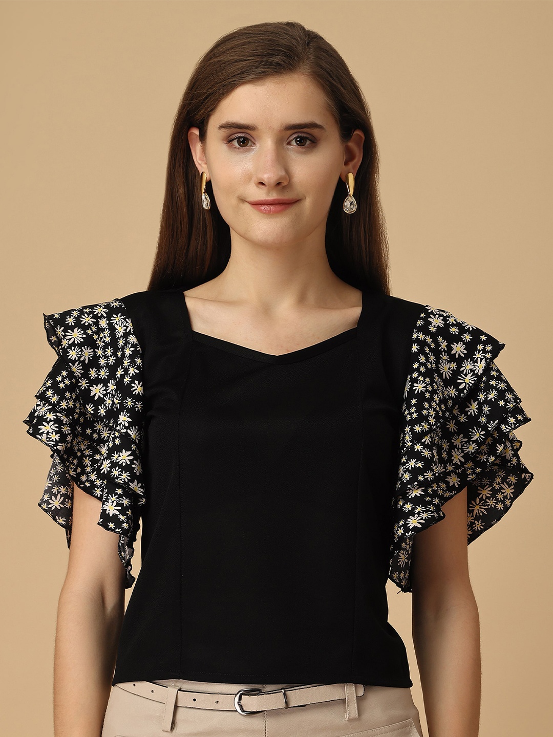 

Paralians V-Neck Flared Sleeves Top, Black