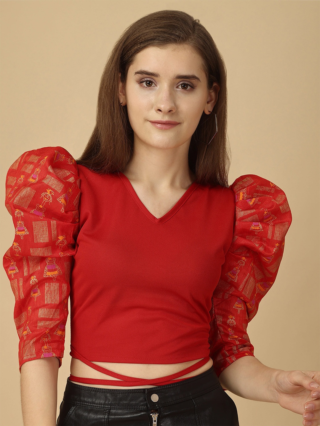 

Paralians Ethnic Motifs Printed V-Neck Puff Sleeves Waist Tie Ups Crop Top, Red