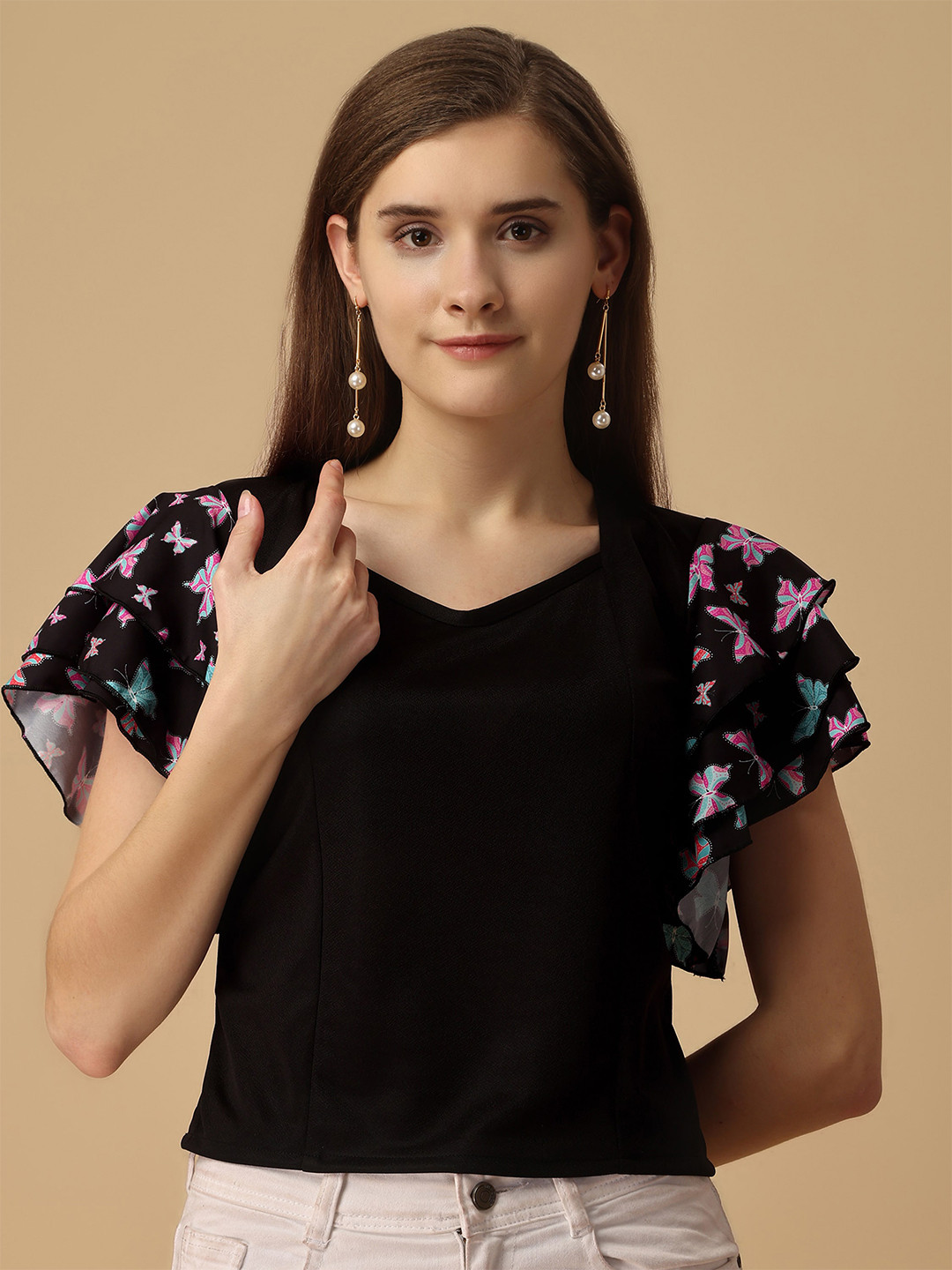 

Paralians V-Neck Conversational Printed Flutter Sleeves Regular Top, Black