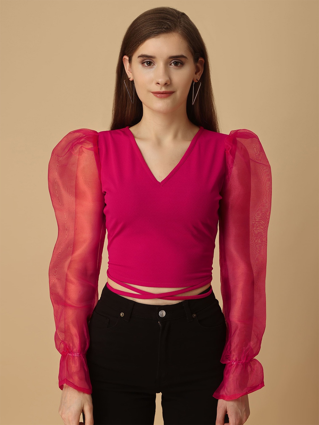 

Paralians V-Neck Puff Sleeves Waist Tie-Up Crop Top, Pink