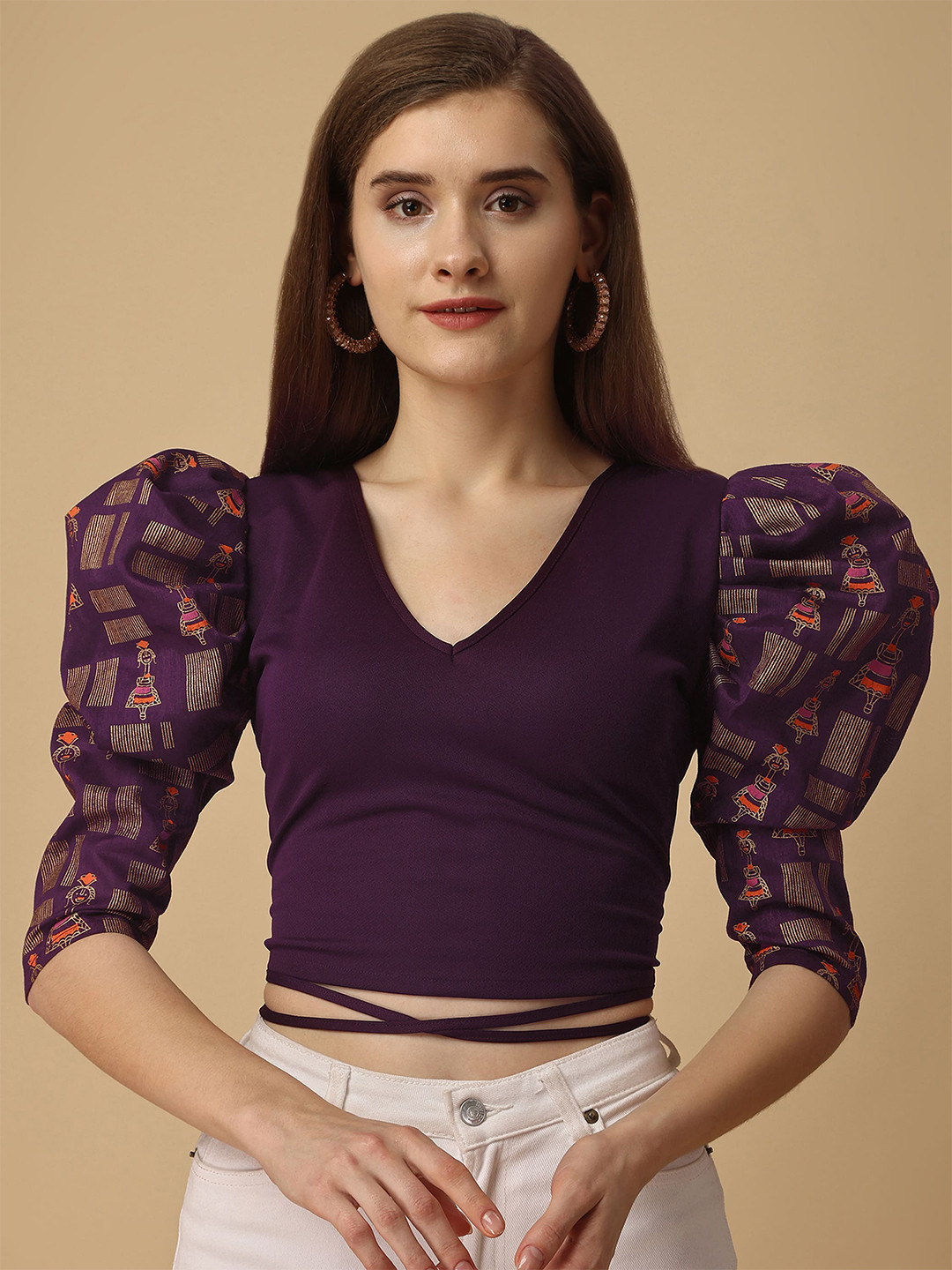 

Paralians V-Neck Puff Sleeves Crop Top, Purple