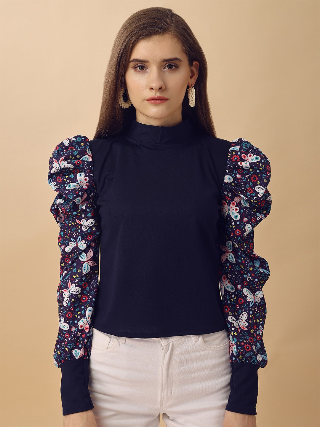 

Paralians Floral Printed High Neck Puff Sleeves Top, Blue