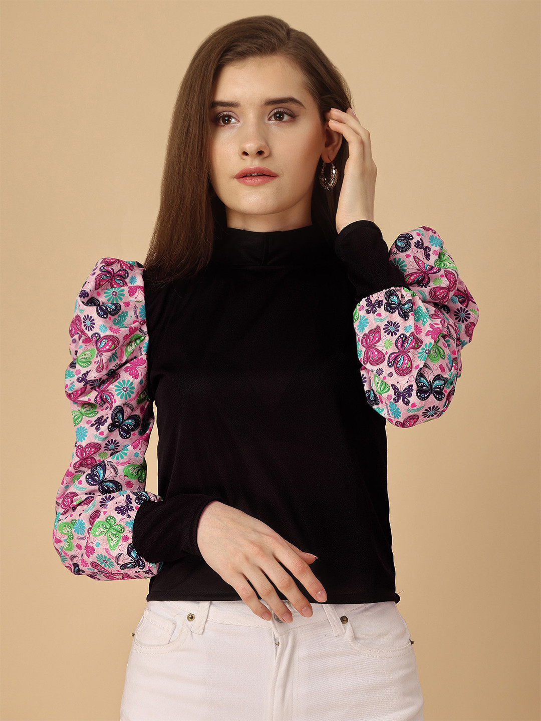 

Paralians High Neck Floral Printed Top, Black