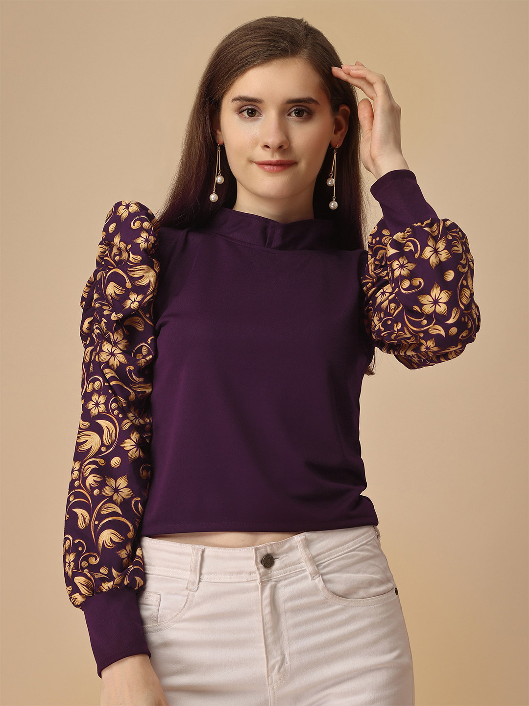 

Paralians High Neck Floral Printed Puff Sleeves Top, Purple