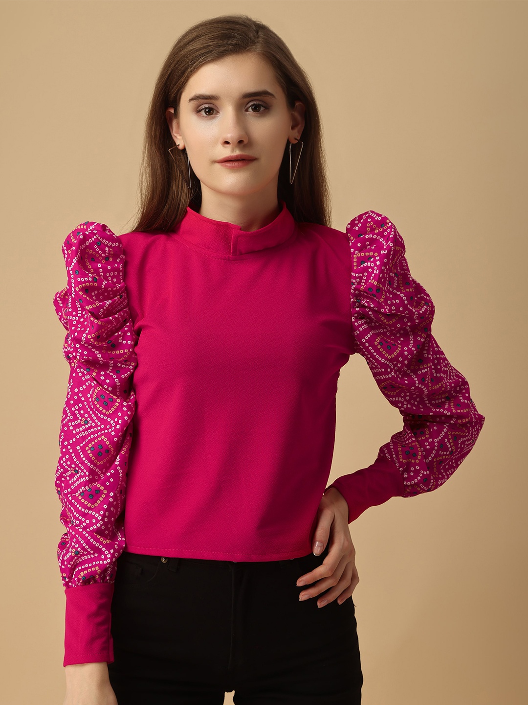 

Paralians High Neck Ethnic Motifs Printed Puff Sleeves Top, Rose