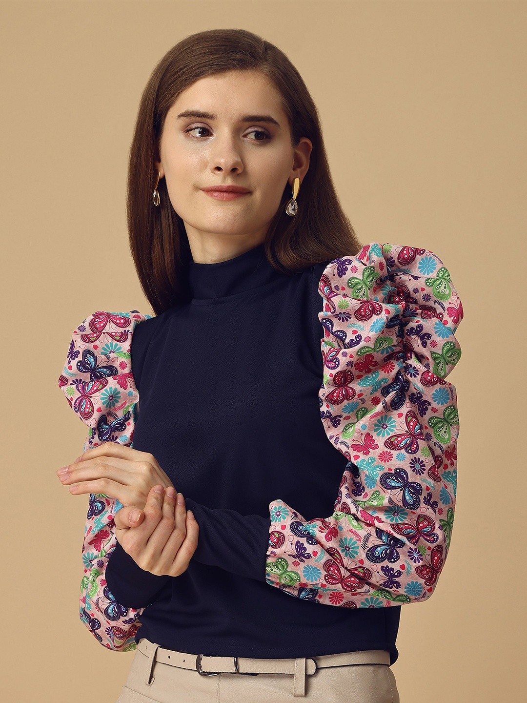 Paralians Printed High Neck Puffed Sleeves Top, Navy blue