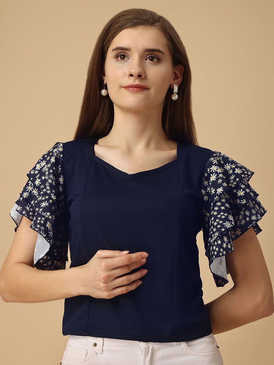 

Paralians V-Neck Floral Printed Flutter Sleeves Regular Top, Blue