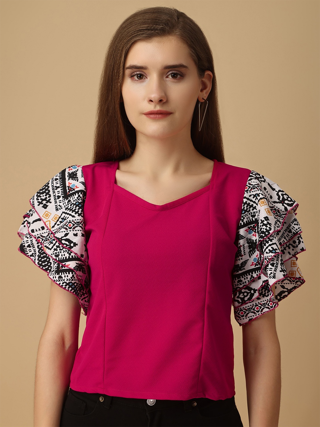 

Paralians V-Neck Geometric Printed Flutter Sleeves Regular Top, Pink