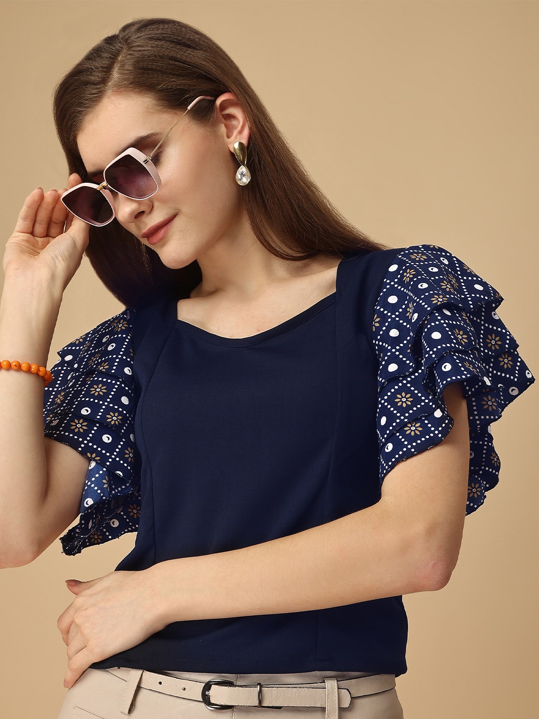 

Paralians Ethnic Motifs Printed V-Neck Flared Sleeves Top, Blue