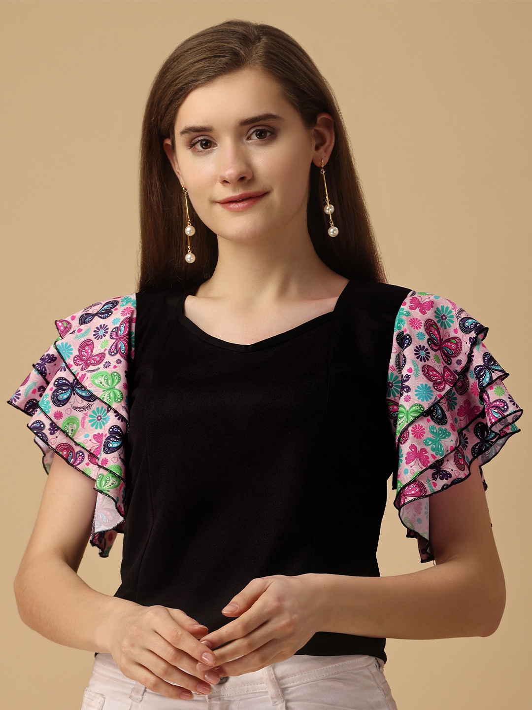 

Paralians V-Neck Flared Sleeves Top, Black