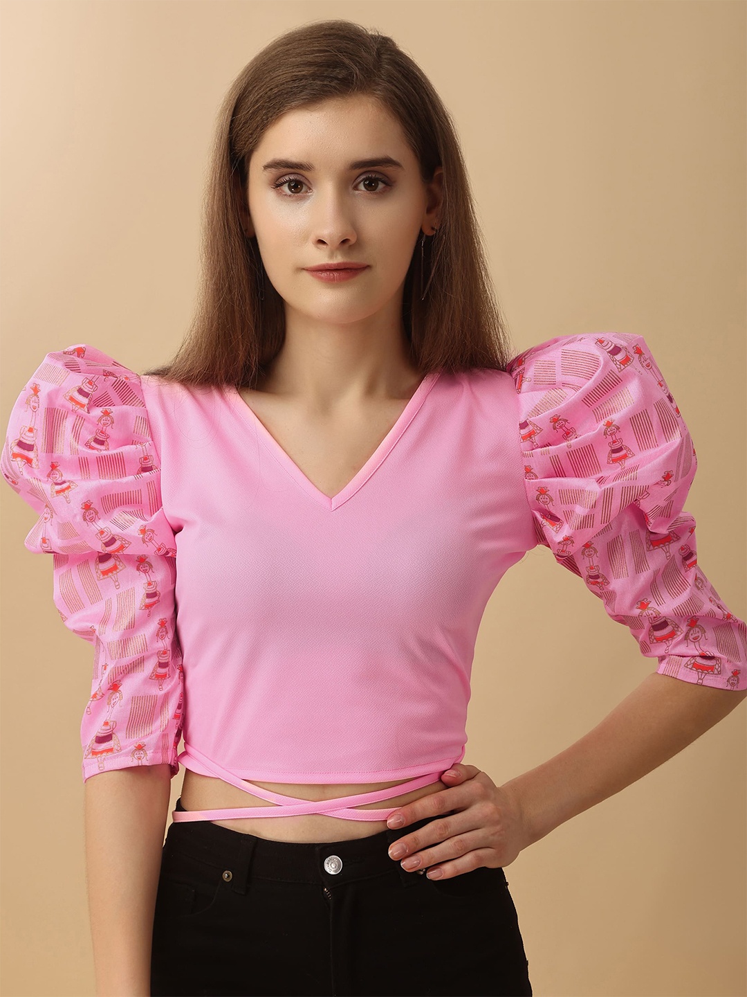 

Paralians Printed V Neck Puffed Sleeves Crop Top, Pink