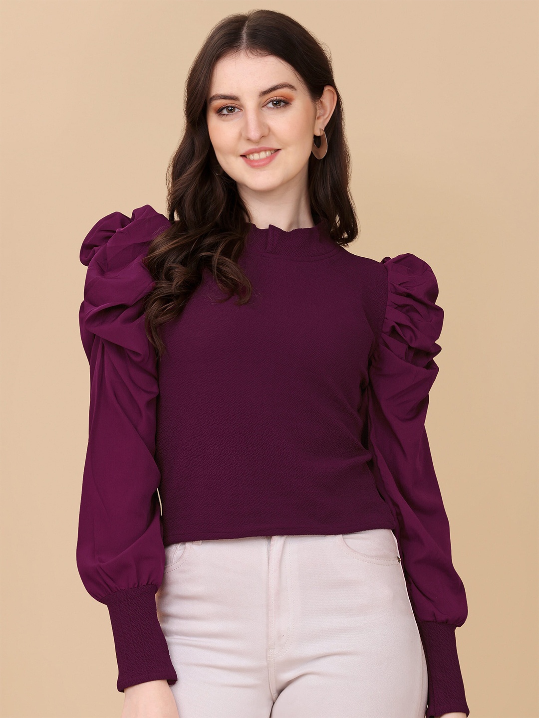 

Paralians Puff Sleeves Gathered High Neck Top, Purple