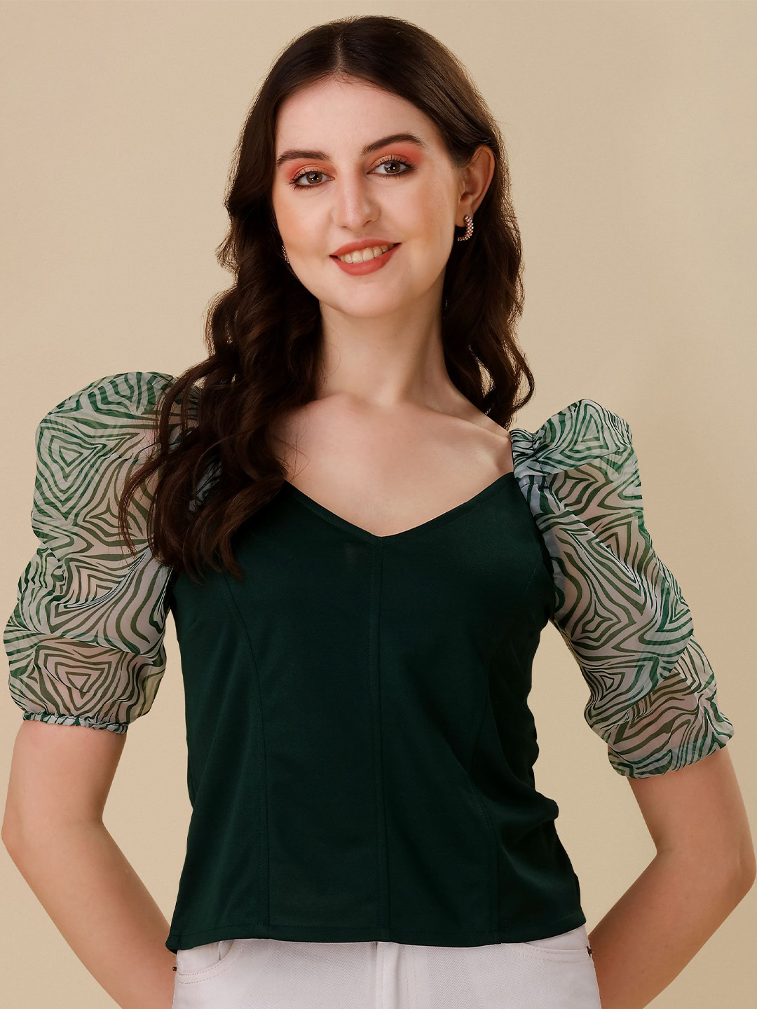 

Paralians Sweetheart Neck Puff Sleeved Top, Green