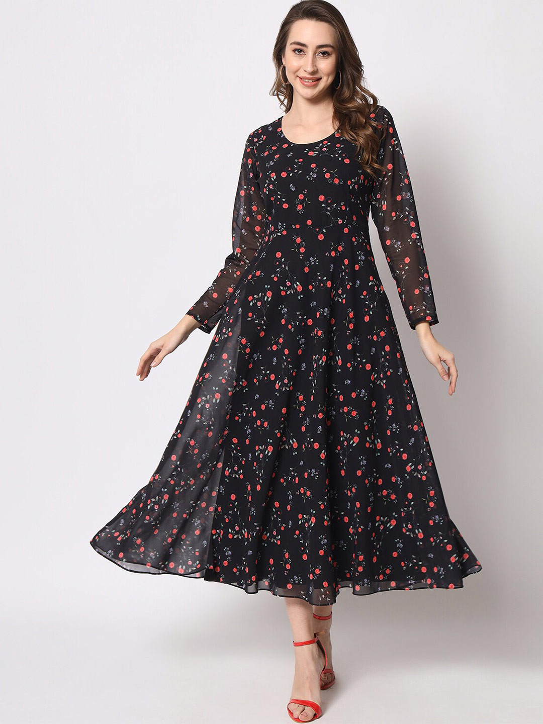 

KALINI Floral Layered Georgette Maxi Dress, Black