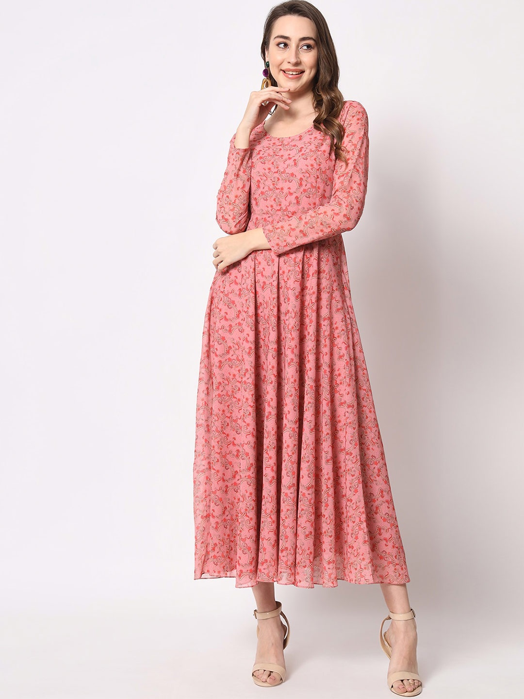 

KALINI Ethnic Motifs Printed Georgette Maxi Dress, Peach