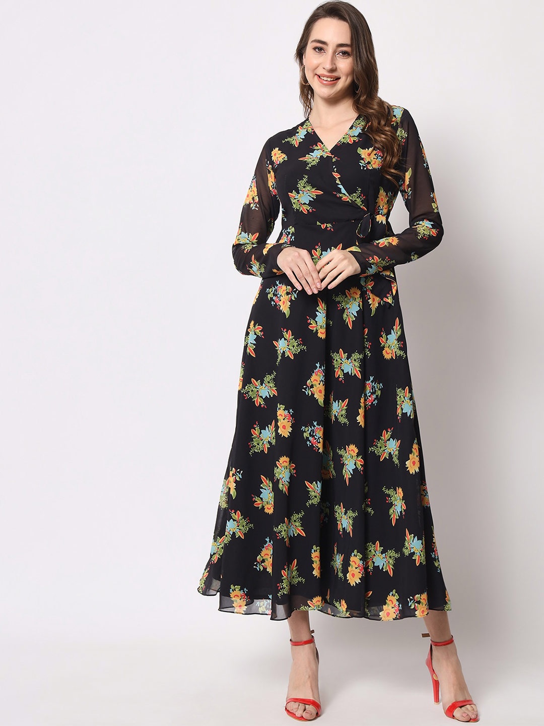 

KALINI Floral Georgette Maxi Dress, Black