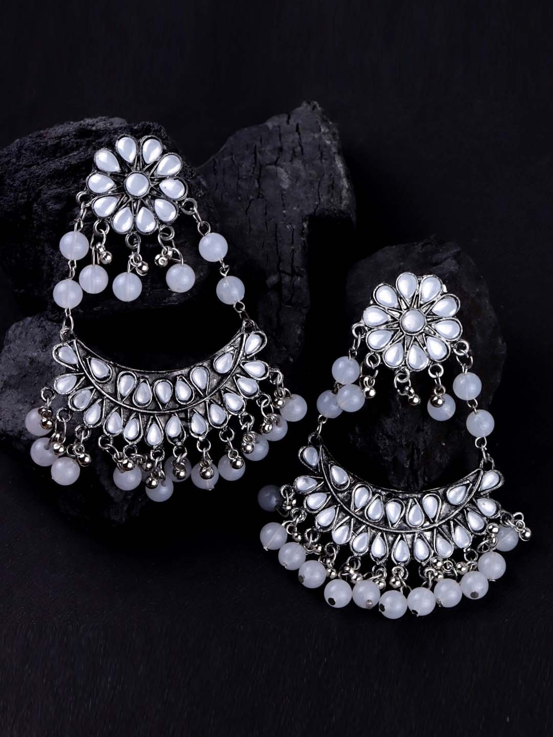 

VAGHBHATT Silver-Plated Stone Studded Crescent Shaped Chandbalis, White