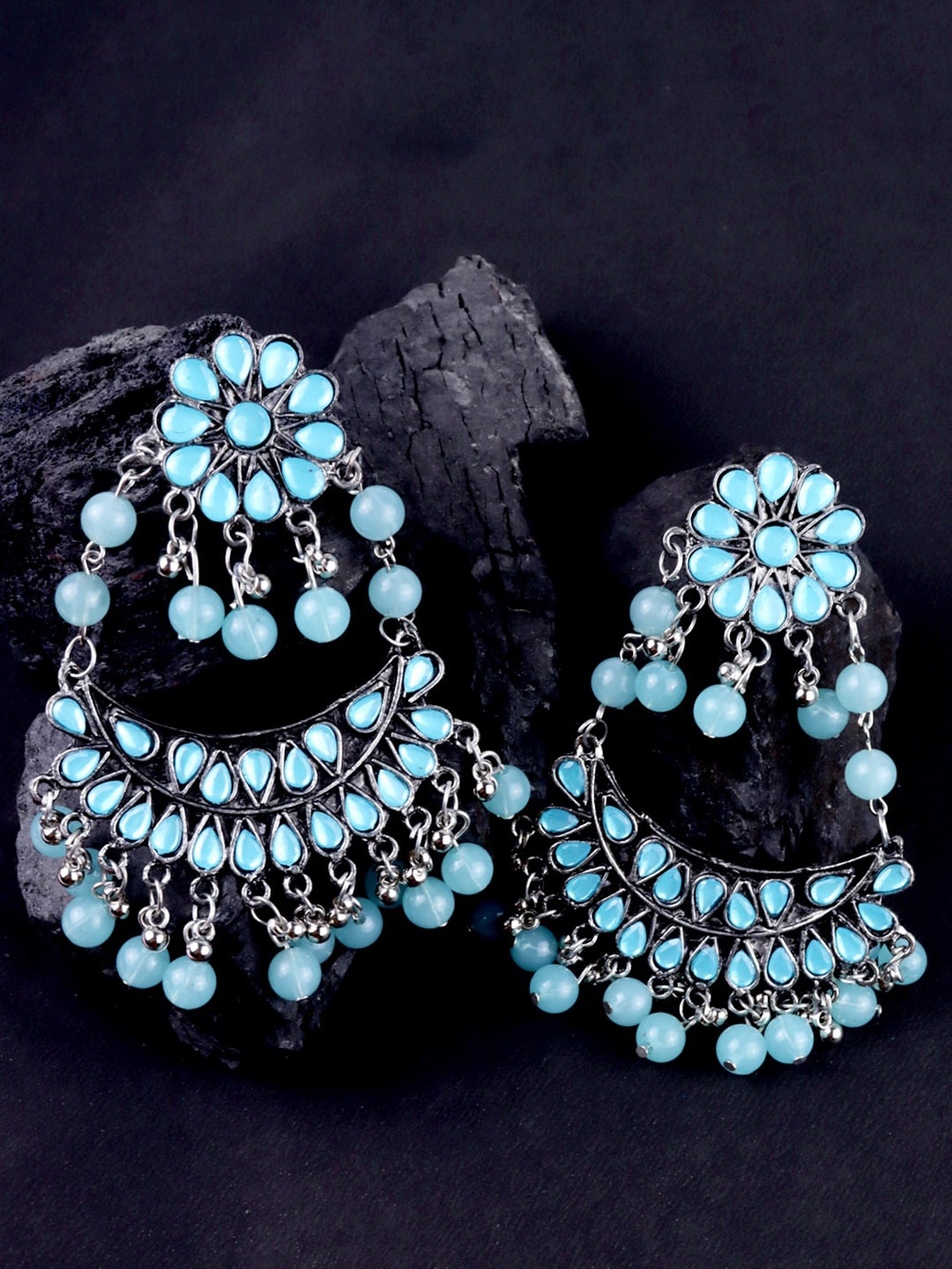

VAGHBHATT Silver-Plated Stone Studded Crescent Shaped Chandbalis, Blue