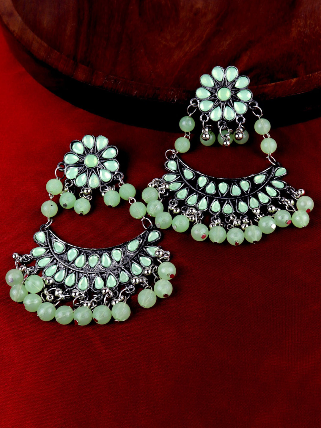 

VAGHBHATT Silver-Plated Artificial Stones and Beads Contemporary Chandbalis Earrings, Green