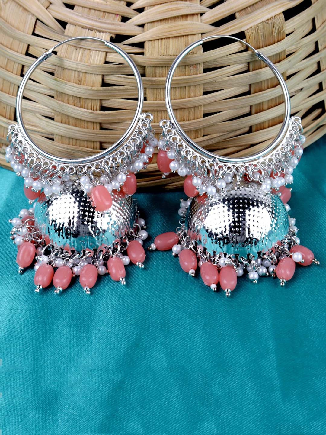

VAGHBHATT Silver-Plated Circular Jhumkas Earrings, Peach