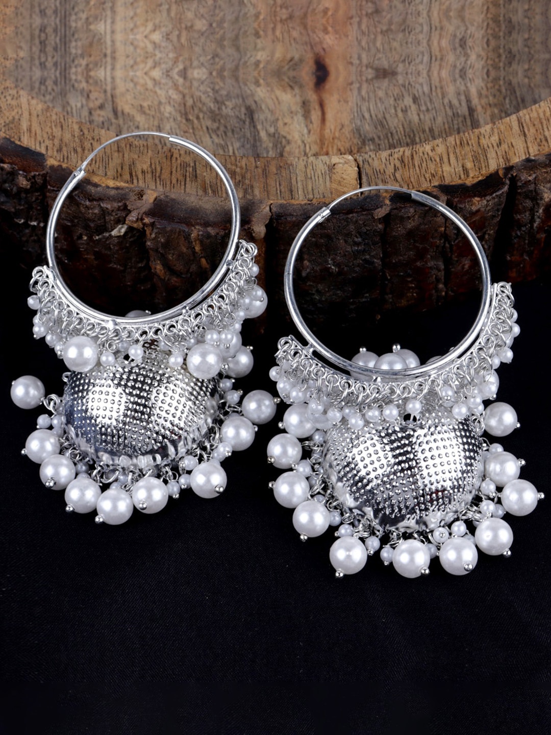 

VAGHBHATT Silver-Plated Dome Shaped Hoop Earrings, White