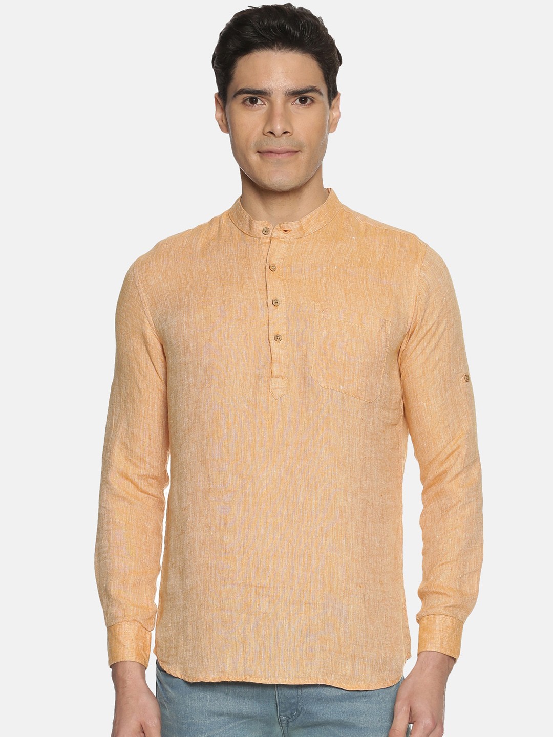 

Ecentric Band Collar Cuffed Sleeves Sustainable Kurta, Orange