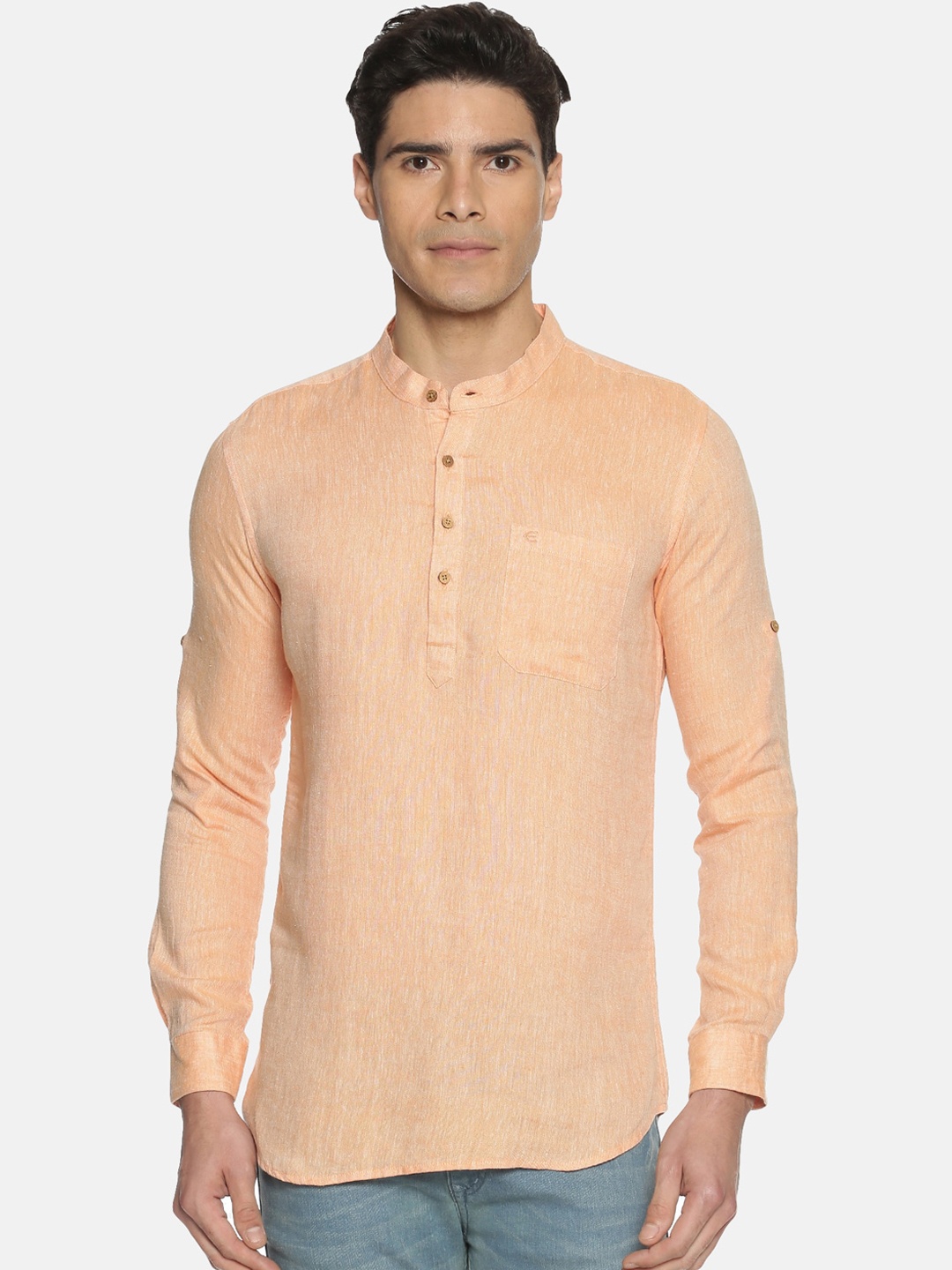 

Ecentric Band Collar Cuffed Sleeves Sustainable Kurta, Peach