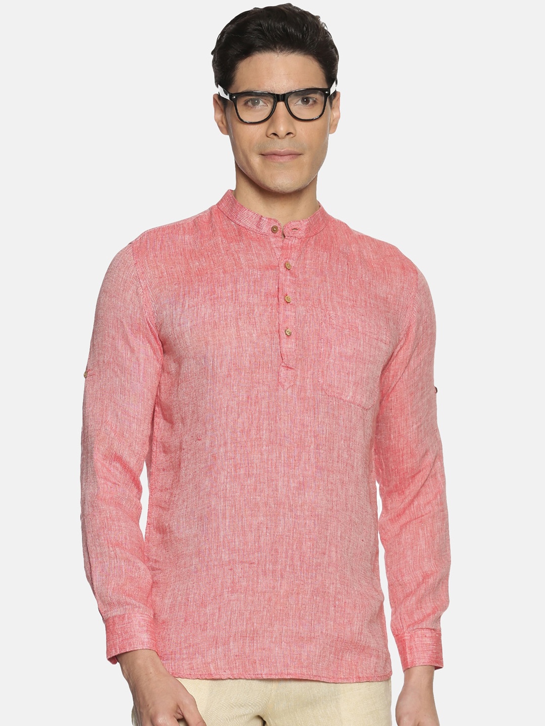 

Ecentric Band Collar Cuffed Sleeves Sustainable Kurta, Red