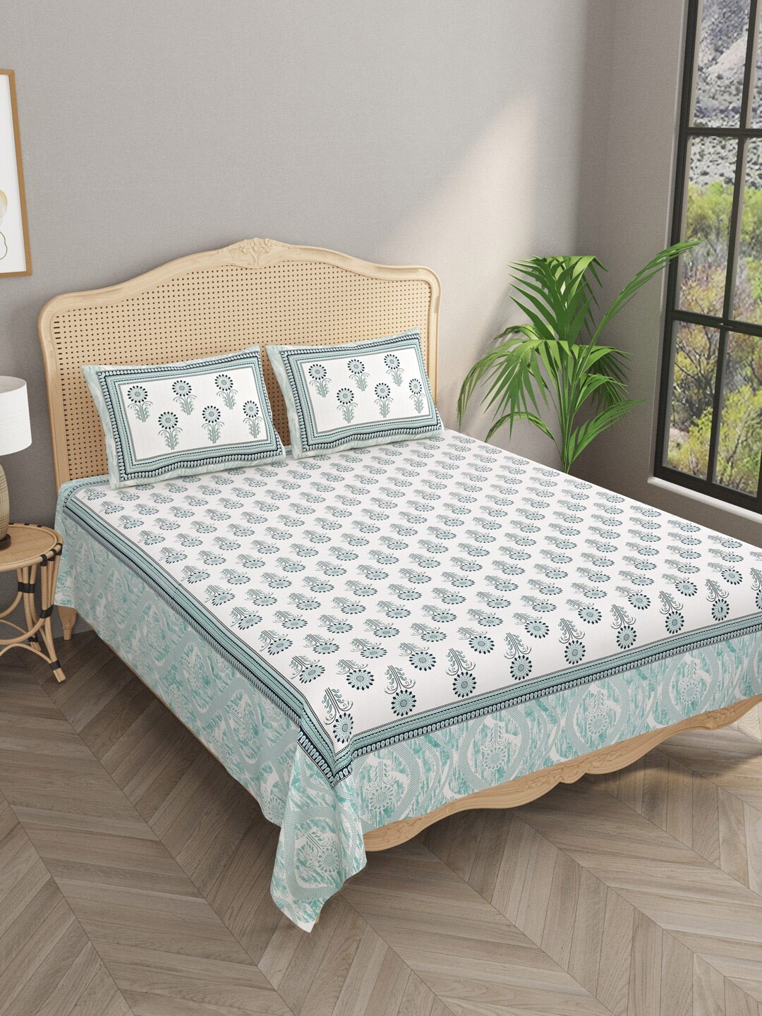 

Gulaab Jaipur White & Blue Ethnic Motifs 330 TC Cotton King Bedsheet & 2 Pillow Covers