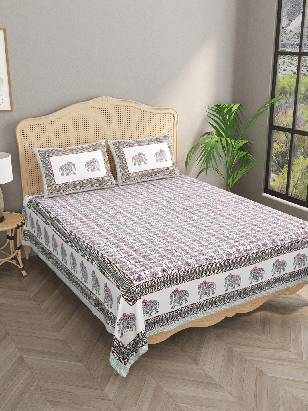 

Gulaab Jaipur White & Pink Floral 330 TC Cotton King Bedsheet & 2 Pillow Covers