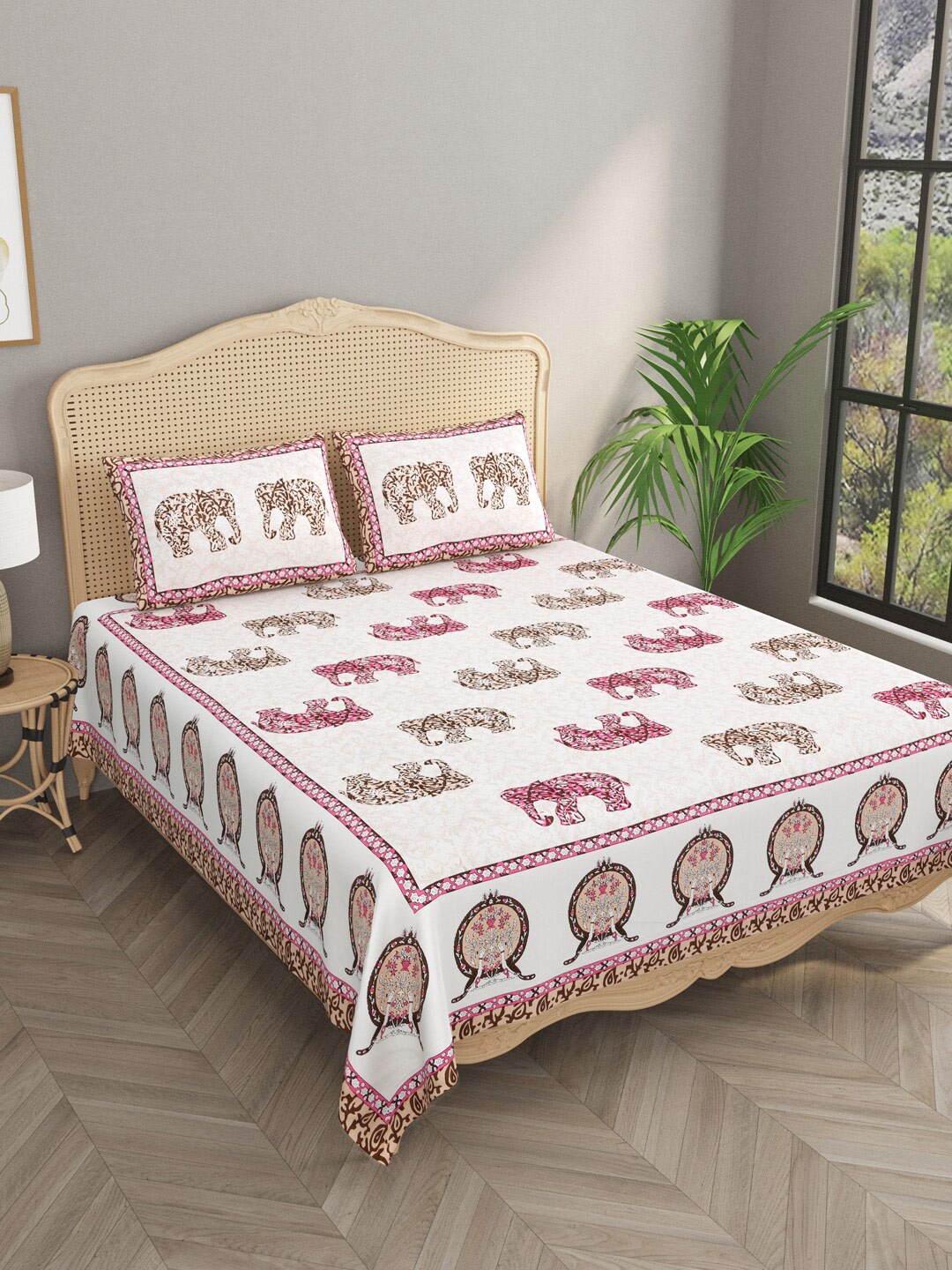 

Gulaab Jaipur White & Pink Ethnic Motifs 330 TC Cotton King Bedsheet & 2 Pillow Covers