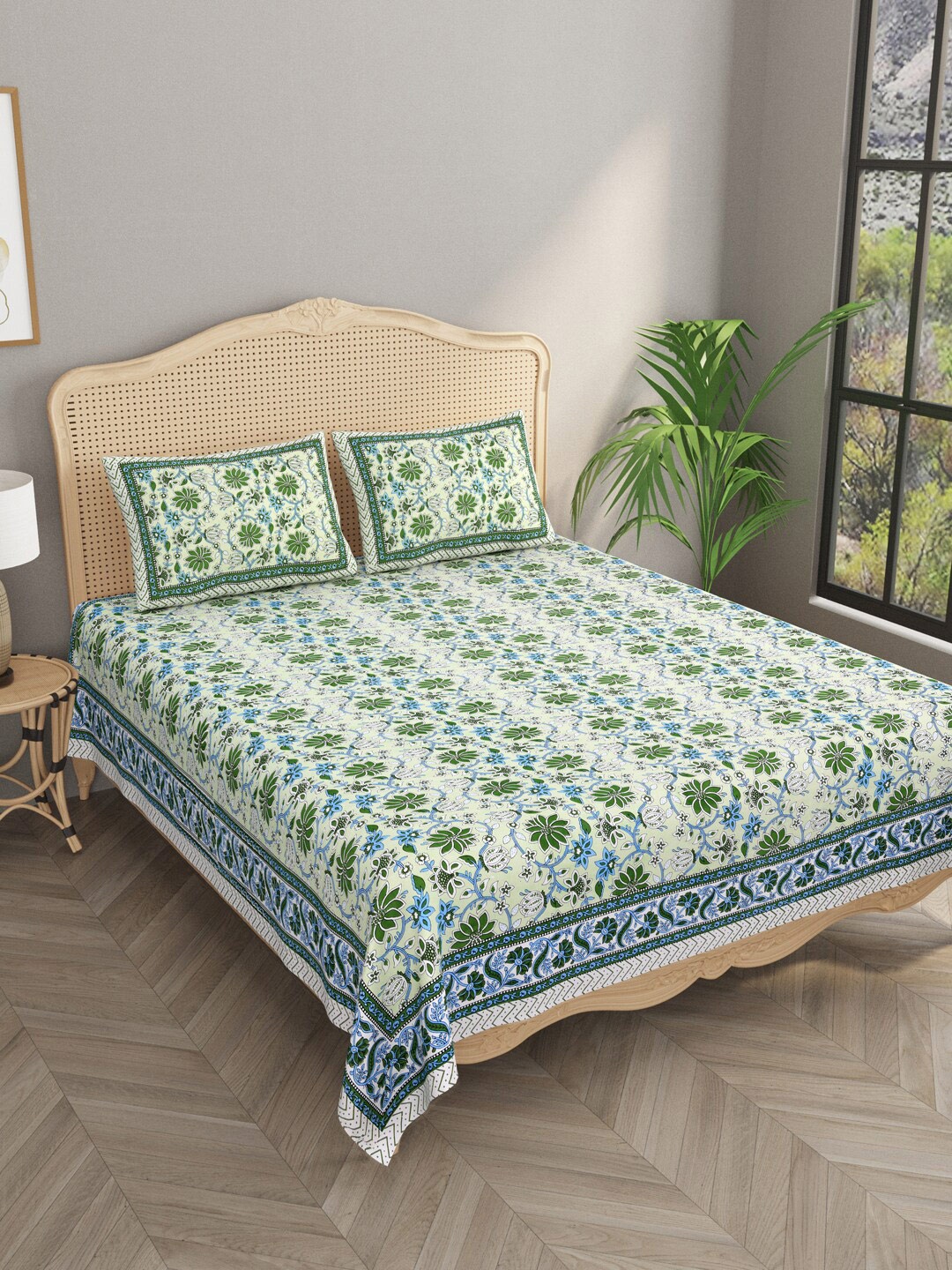 

Gulaab Jaipur Green & Blue Floral 330 TC Cotton King Bedsheet & 2 Pillow Covers