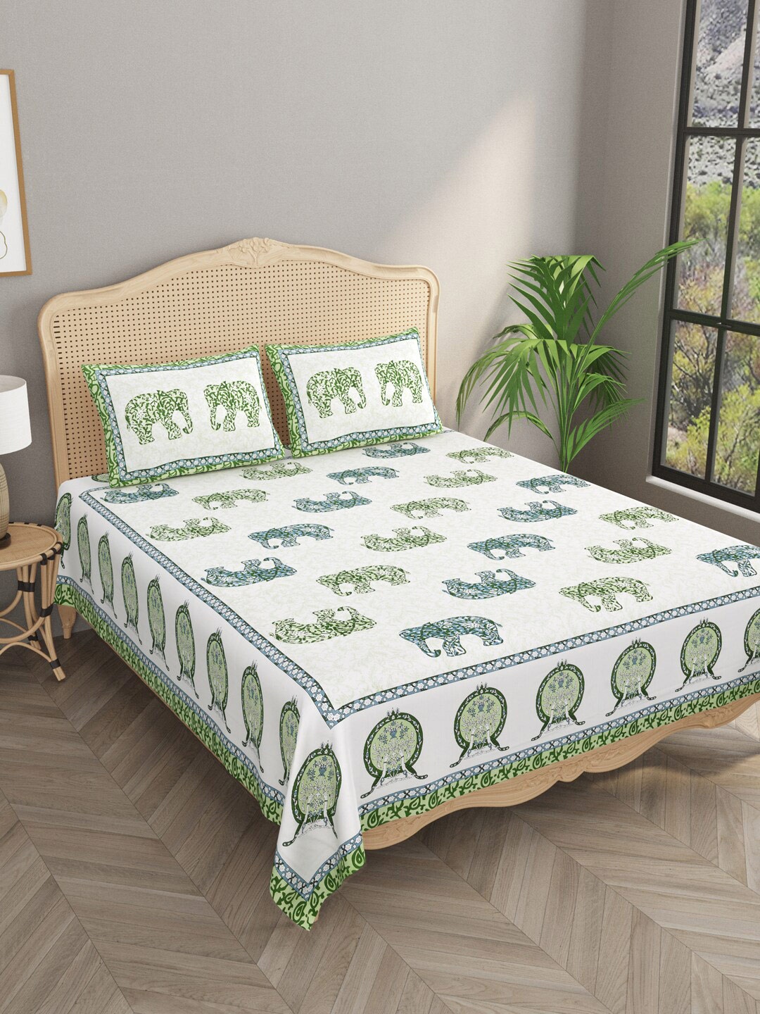 

Gulaab Jaipur Cream-Coloured & Green 330 TC Cotton King Bedsheet & 2 Pillow Covers
