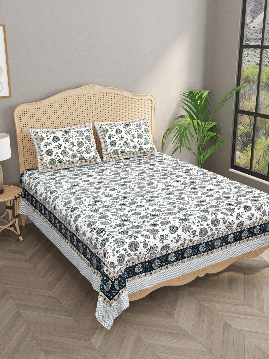 

Gulaab Jaipur White & Green Floral 330 TC Cotton King Bedsheet With 2 Pillow Covers