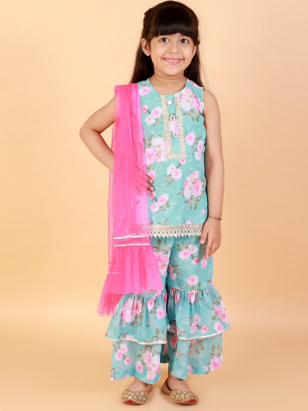 

LIL DRAMA Girls Floral Printed Gotta Patti Kurti with Sharara & Dupatta, Sea green