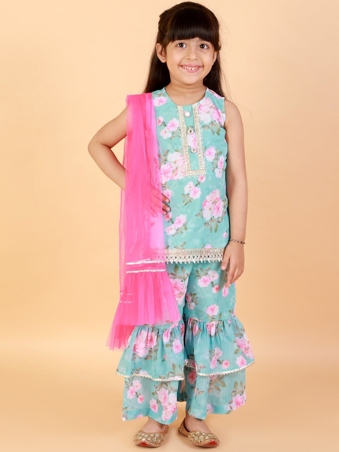 

LIL DRAMA Girls Sleeveless Gotta Patti Floral Printed Kurta with Sharara & Dupatta, Turquoise blue