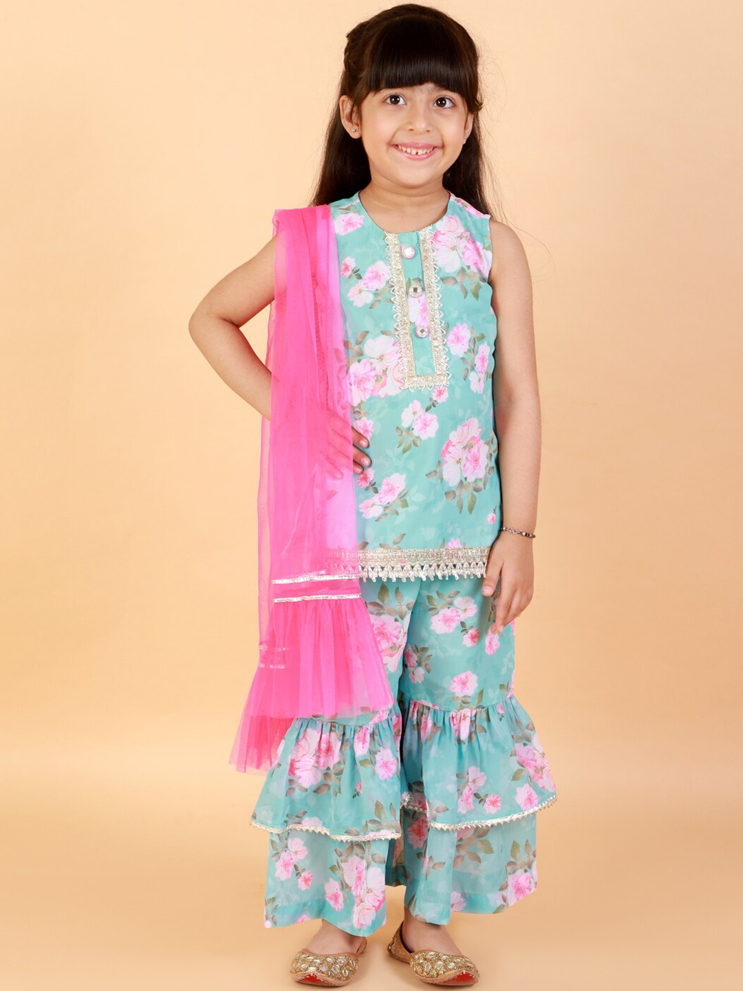 

LIL DRAMA Girls Floral Printed Sleeveless Gotta Patti Kurta With Sharara & Dupatta, Blue