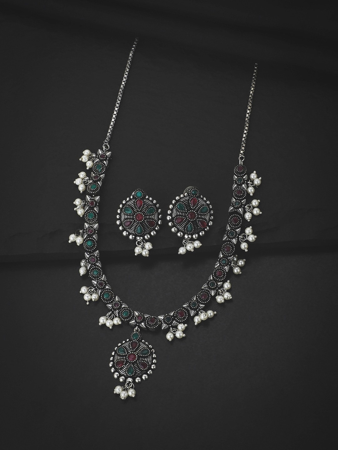 

Carlton London Silver-Plated Stone-Studded & Pearl Beaded Jewellery Set, Pink