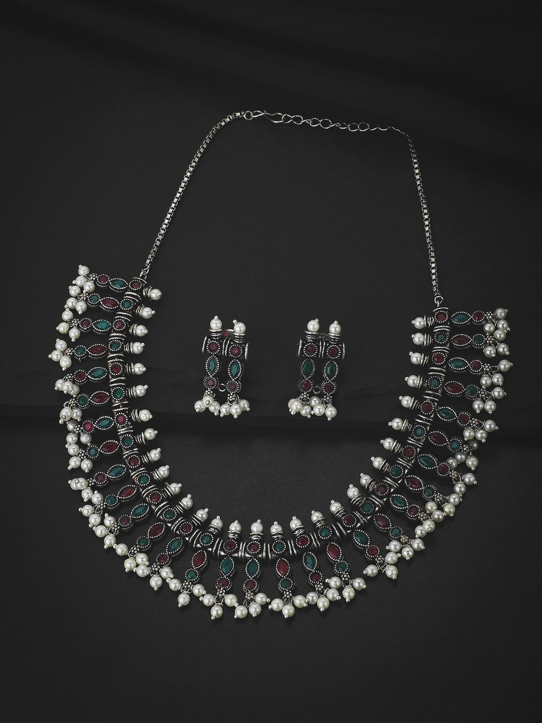 

Carlton London Oxidised Silver-Plated Stone-Studded & Pearl Beaded Jewellery Set, Green