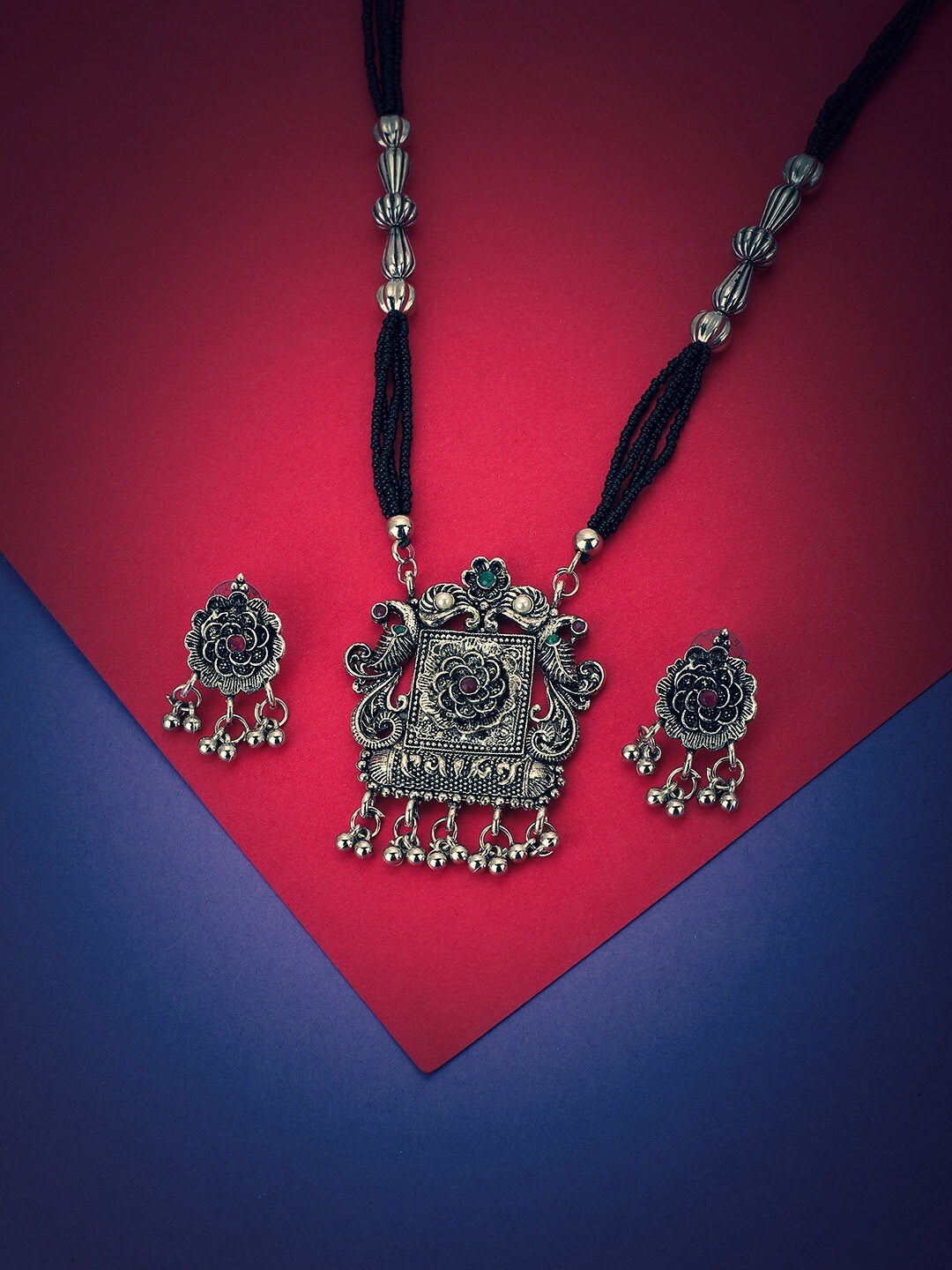

Carlton London Silver-Plated Oxidised Mangalsutra Set, Green