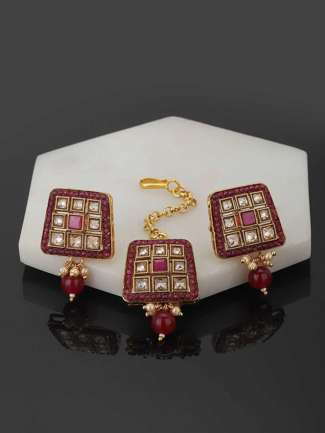 

Carlton London Gold-Plated Brass Kundan Studded Maang TikKa & Earring Set, Pink