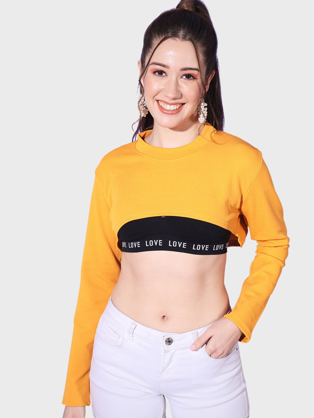 

BUY NEW TREND Round Neck Long Sleeves Bust Crop Top, Yellow