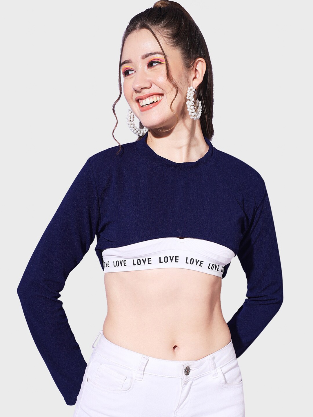 

BUY NEW TREND Round Neck Long Sleeves Bust Crop Top, Navy blue