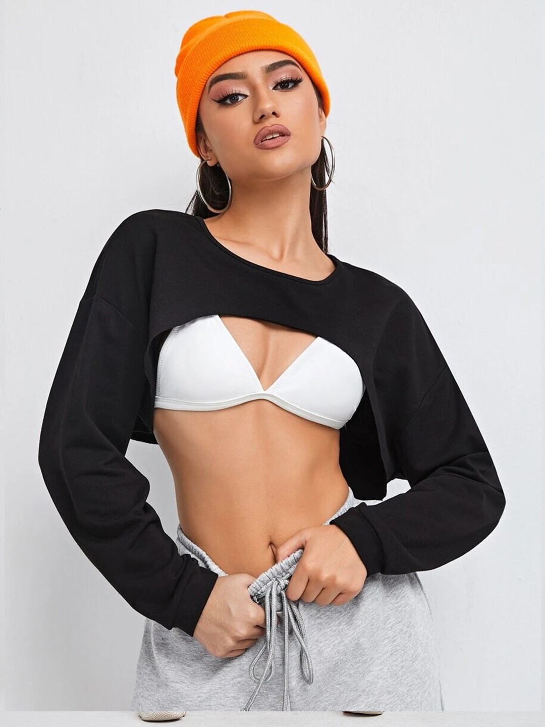 

BUY NEW TREND Round Neck Long Sleeves Bust Crop Top, Black