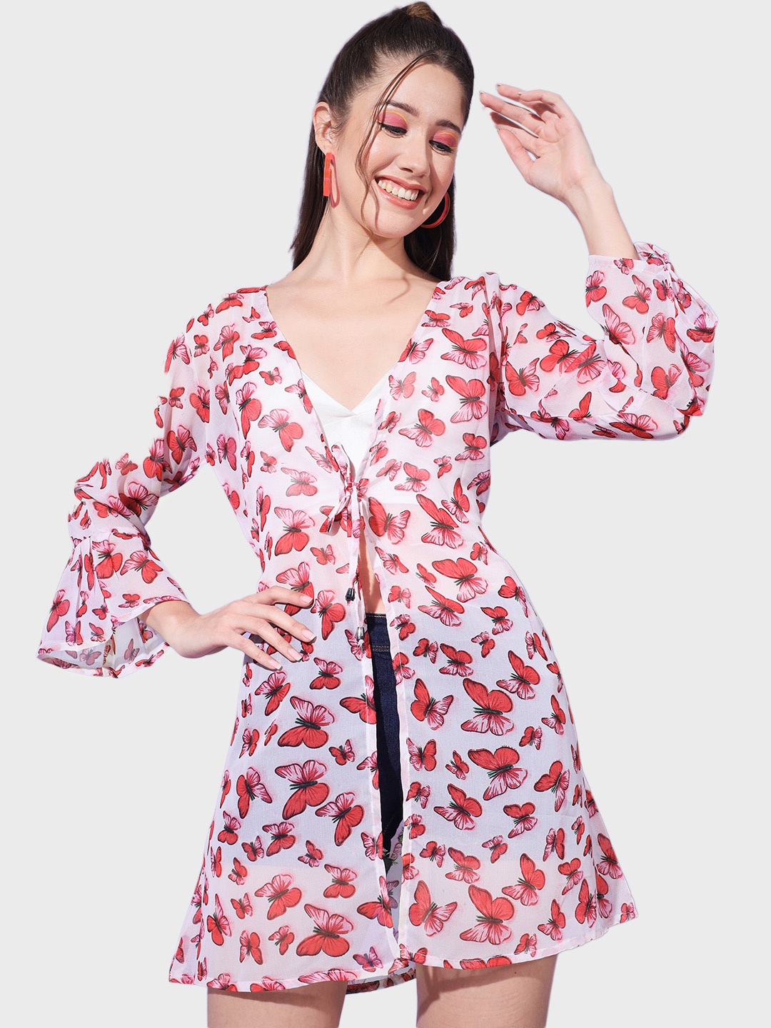 

BUY NEW TREND Women Butterfly Printed Georgette Shrug, White