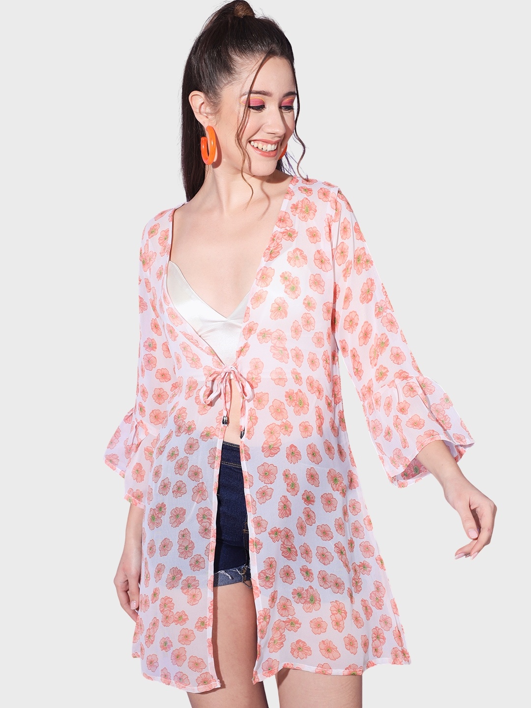 

BUY NEW TREND Women Floral Printed Bell Sleeves Tie-Up Longline Shrug, White