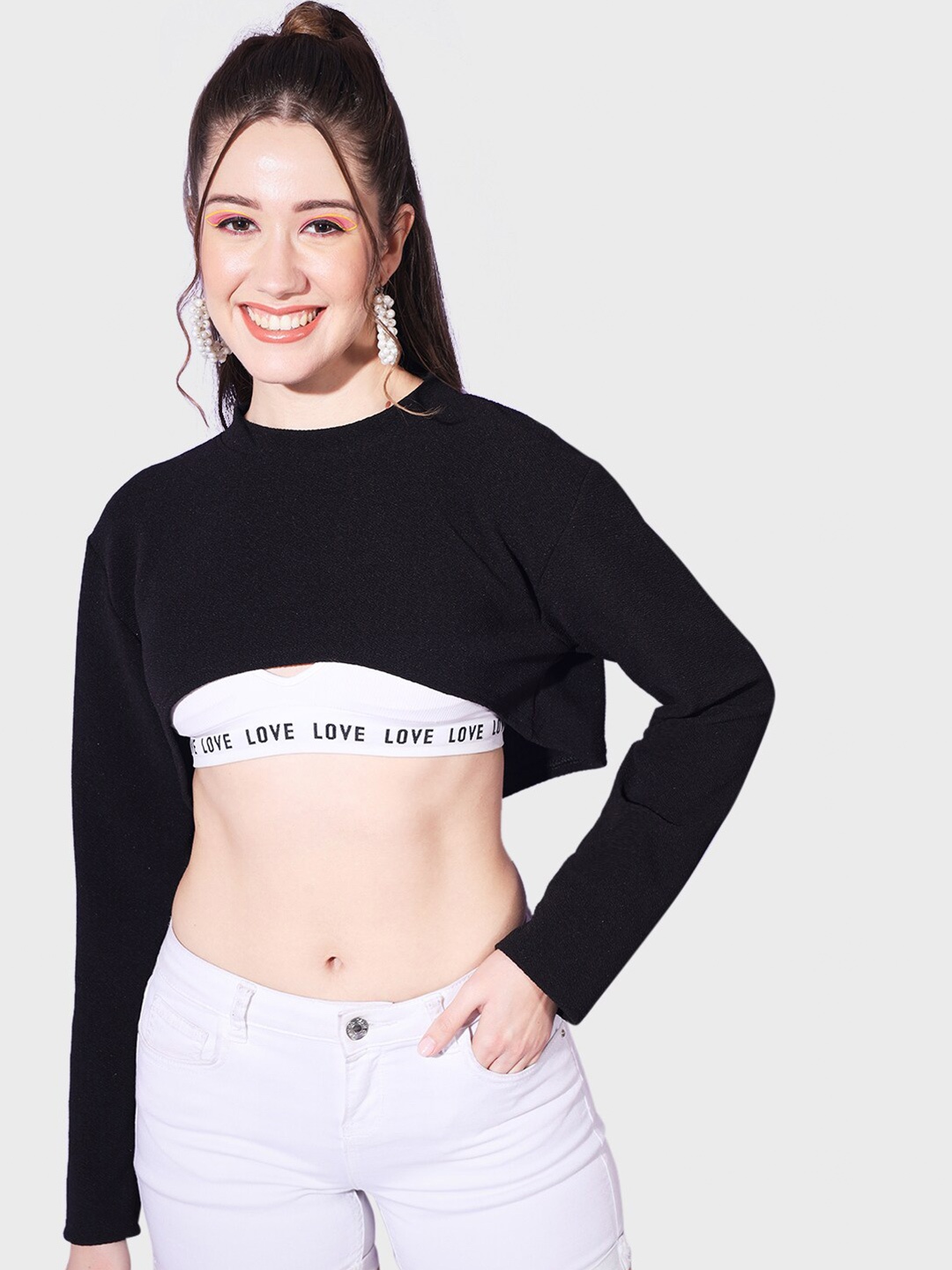 

BUY NEW TREND Round Neck Long Sleeves Bust Crop Top, Black