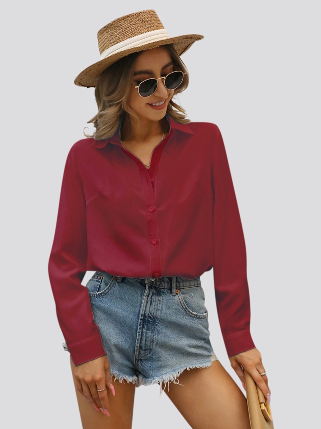 

BUY NEW TREND Women Spread Collar Long Sleeves Comfort Casual Shirt, Maroon