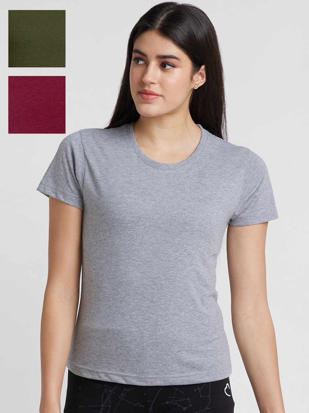 

FashionRack Women Pack Of 3 Cotton Round Neck Lounge Tshirts, Grey